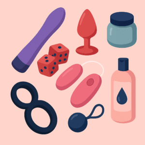 Ilustración digital de varios juguetes sexuales para principiantes, incluyendo un vibrador morado, un plug anal rojo, anillo negro, lubricante, bolas chinas, y dados eróticos sobre fondo rosa.