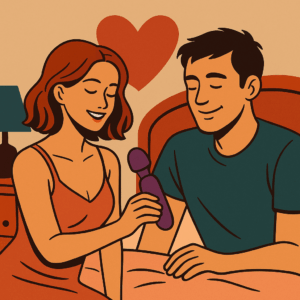 Pareja sonriente usando un juguete sexual juntos en la intimidad del dormitorio