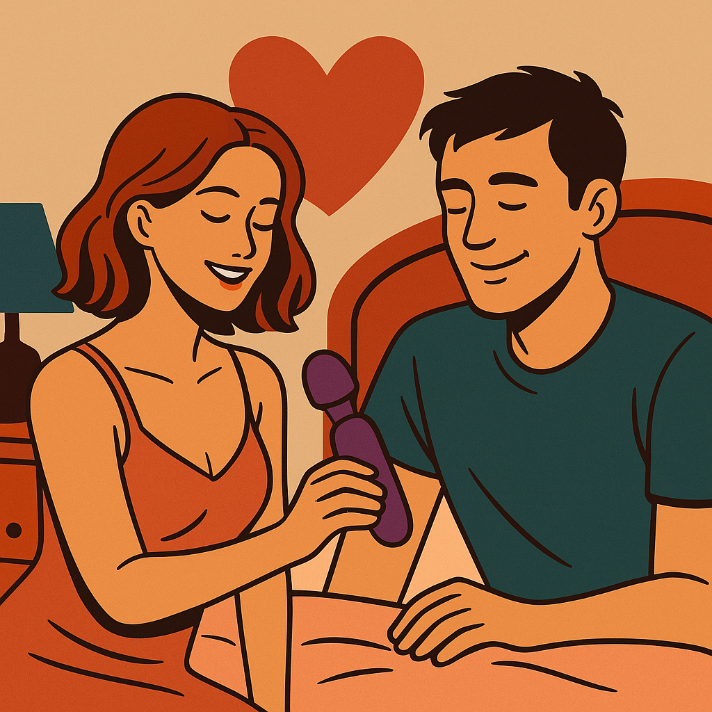 Pareja sonriente usando un juguete sexual juntos en la intimidad del dormitorio