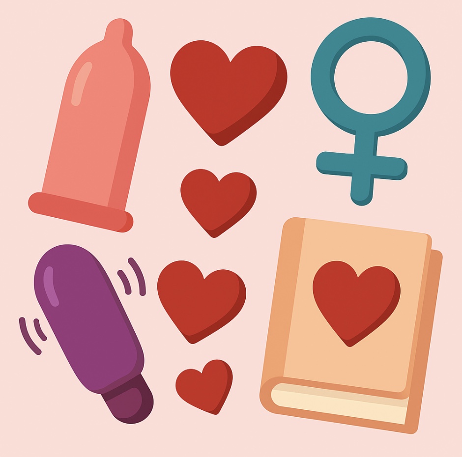 Ilustración con elementos de educación sexual: condón, vibrador, símbolo femenino, libro y corazones sobre fondo rosa